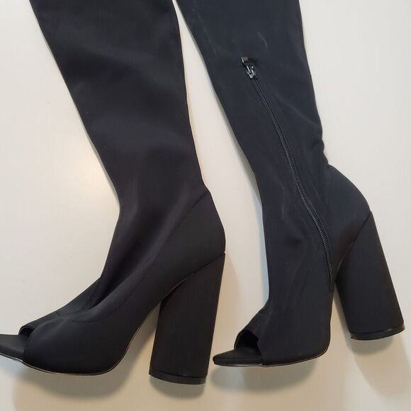 Women's Over The Knee Boots Black Lycra Fits 6.5 To 7 Open Toe Chunky High Heel - Picture 4 of 9